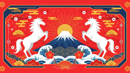 Majestic Unicorns at Mount Fuji, Vibrant Artwork, Japanese Culture, Fantasy Landscape, Dynamic Composition