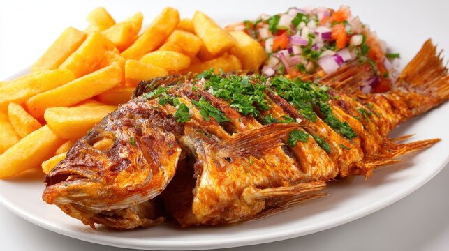 Delicious Fried Mojarra, A Classic Colombian Dish Served with Crispy French Fries and Fresh Cilantro on a White Background