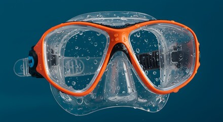 Orange diving mask on transparent head sculpture against blue background.