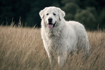 Obraz premium Kuvasz on the Field: Majestic White Guard Dog Surrounded by Lush Green Grass