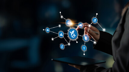 This image illustrates a futuristic digital interface showcasing technology connections, data flow, and interaction within a corporate business environment. Tessel