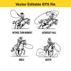 Naklejka premium cowboy on horseback with lasso in multiple dynamic poses and angles isolated