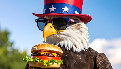 Cool American Bald Eagle with sunglasses is eating a bacon cheeseburger