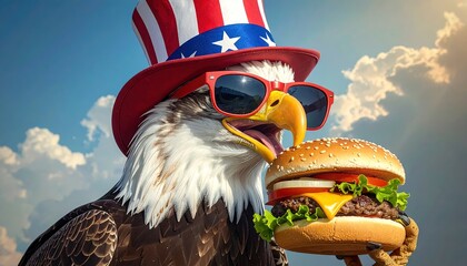 Cool American Bald Eagle with sunglasses is eating a bacon cheeseburger