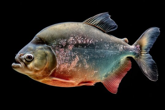 Vibrant Pacu: A Closer Look at the Tambaqui Fish Against an Aquatic Black Background