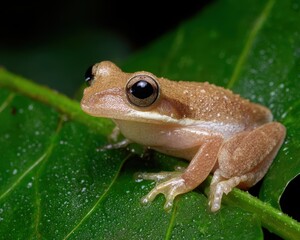 Obraz premium Caribbean Coqui: A Macro View of the Slender Leaf Frog in Its Natural Habitat - Jumping and Hiding Amongst Tropical Foliage