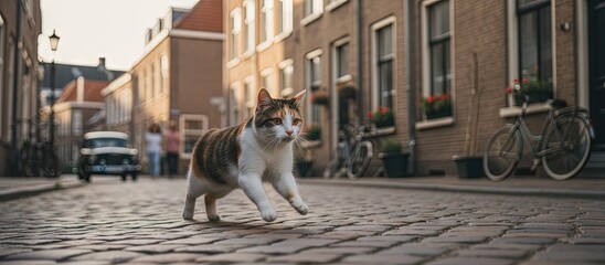 Cat is running through the city - frolicking feline