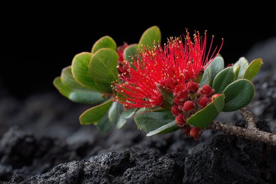Ohia Lehua Blossom: Vibrant Red Flower Thriving on Black Lava Rocks in Hawaii Volcanoes National Park