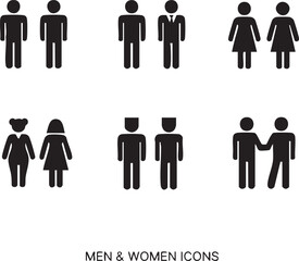 Collection of diverse couple and individual human silhouette icons isolated on transparent background