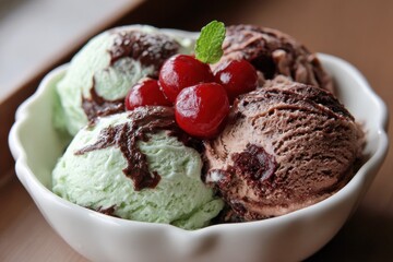 Delightful Spumoni Treat: Creamy Cherry-Chocolate Ice Cream in a Bowl