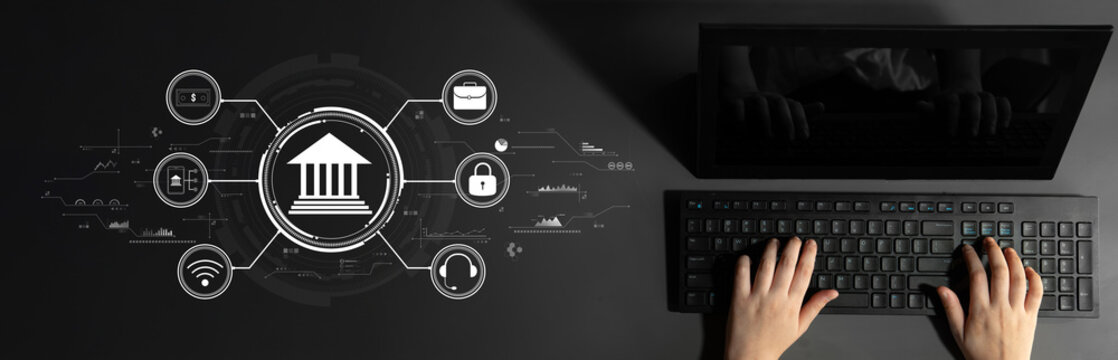 A concept of digital banking and online financial technology (FinTech) services. A central platform for secure transactions, support, and business finance. Motif - Powered by Adobe