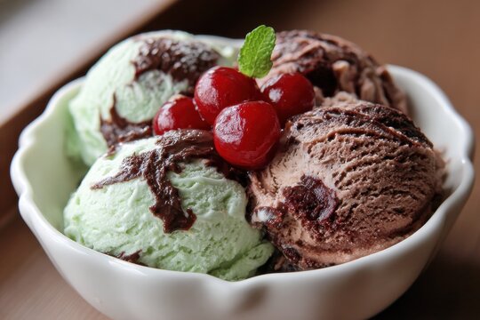 Delightful Spumoni Treat: Creamy Cherry-Chocolate Ice Cream in a Bowl