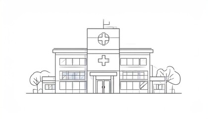 Obraz premium Hospital building exterior drawing black lines on white