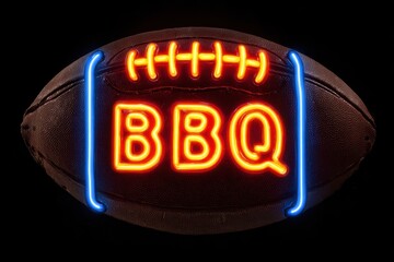 Retro Bar B Q Sign with Neon Glow Featuring Barbecue and Football Theme