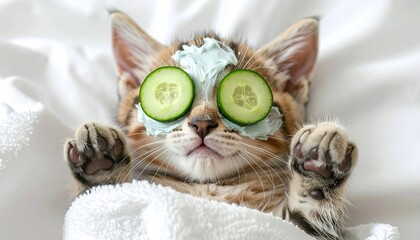 Cat spa day - feline creamy mud mask for facial moisturizing and cucumber slices on eyes with towel wrapped around head