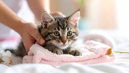 hand is petting a cute adorable little kitty cat kitten