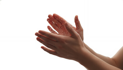 Isolated Clapping Hands with Sparkling Dust or Glitter Particles on High Key White Background, Symbolizing Celebration or Hygiene