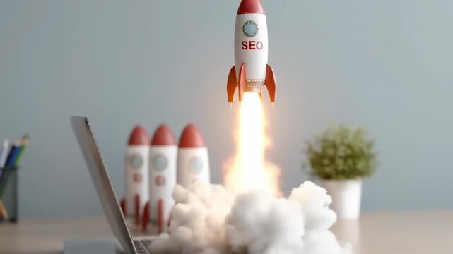 White space rocket launching from a silver portable computer keyboard, symbolizing online business growth, web optimization, and rapid digital development on an office desk.