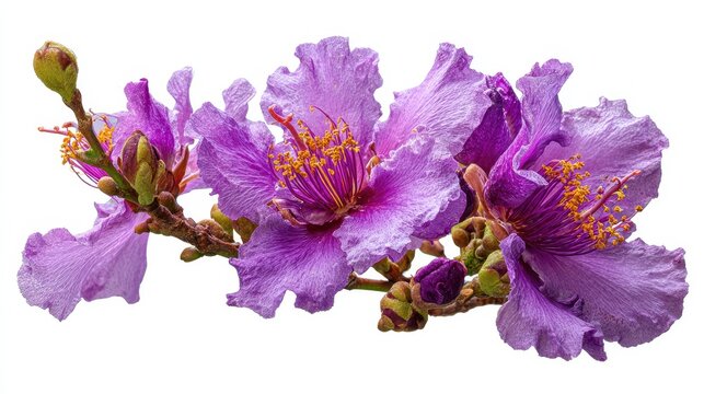 Stunning Banaba Blooms: Vibrant Purple Tropical Flowers Isolated on White, Ideal for Botanical Arrangements