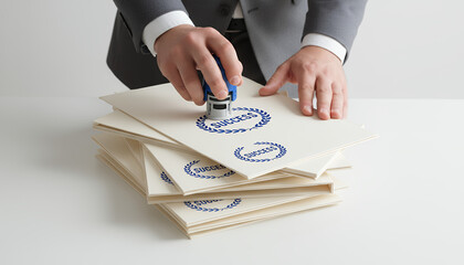 Professional stamping "SUCCESS" seal on stack of folders. Achievement, approval, and high-quality certification concept.
