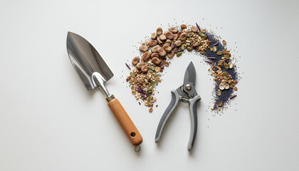 Gardening Tools Flat Lay: Trowel, Pruning Shears, and Assorted Vegetable Seeds for Spring Planting on White.