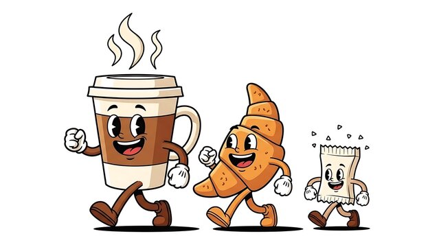 A charming cartoon illustration of a coffee cup, croissant, and sugar packet marching together