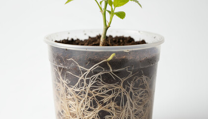 Vigorous Plant Roots Visible in Clear Plastic Pot Isolated on White. Seedling Growth and Gardening Concept.