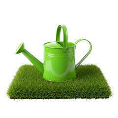 Green watering can on a patch of grass isolated on transparent background for gardening or outdoor activities