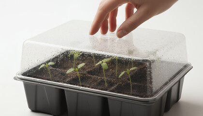 Hand opening the clear plastic dome of a germination tray, revealing young green seedlings growing in the soil. Indoor seed starting, home gardening, and growth concept.