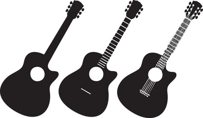 Fototapeta premium Three black acoustic guitar silhouettes isolated on transparent background