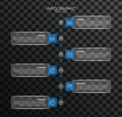 6 Step Vertical Timeline Infographic Template. Modern Glassmorphism Business Process Flow with Blue Elements and Icons on Dark Grid Background.
