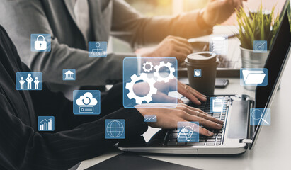 A concept of business operations and enterprise system integration. The components of a company including security, data, and cloud infrastructure. Motif