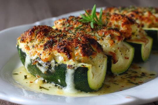 Stuffed Courgettes: A Creative Vegetarian Dish with Rice, Served on a White Plate
