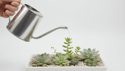 Hand Watering Succulent Planter with Stainless Steel Can on White Background. Modern Indoor Gardening and Plant Care Concept.