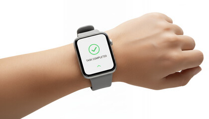 Smartwatch Displaying "Task Completed" Screen with Green Check Mark. Successful Goal Achievement and Wearable Tech Notification Isolated on White.