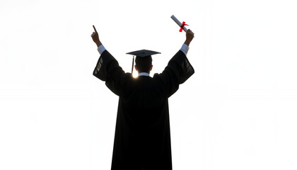 Graduation Success Silhouette. Triumphant student in cap and gown raising diploma and pointing upwards against a bright white background.