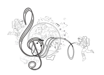 Abstract musical design with a treble clef and Planet Earth, colorful splashes, notes and waves.  Planet music. Hand drawn vector illustration.