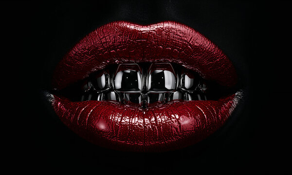 Glossy Red Lips with Cracked Texture and Silver Segmented Grill in Conceptual Fashion Close-Up
