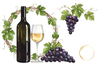 Hand-painted watercolor illustration of three isolated viticulture elements: wine glass, bottle, grape vine wreath, and ochre stain on transparent background concept for elegant design assets.