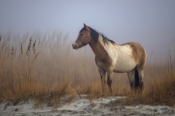 Obraz premium Spanish Mustang: Wild Horse Roaming Autumn Dunes in North Carolina Under Blue Skies