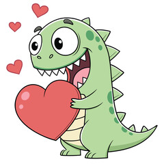 Fototapeta premium a charming cartoon dinosaur lovingly embraces a large red heart amidst floating heart shapes a delightful silhouette
