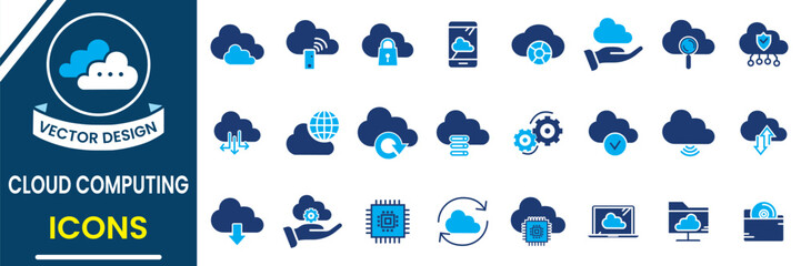 Cloud computing icon vector set. Cloud computing icon such as cloud storage, servers, hard drives, download, data, edge computing,security system, server, and data backups. Vector illustration.