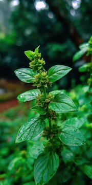 Close-Up of Ocimum Americanum (Kattu Thulasi) on a Vibrant Natural Green Background