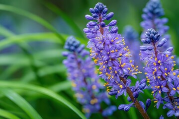 Fototapeta premium Vibrant Liriope Blooms: A Stunning Closeup of Lily Turf in a Lush Green Garden Landscape