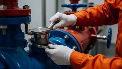 Industrial worker carefully maintaining complex machinery in a factory setting