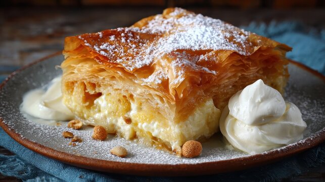 Delicious Bougatsa: A Greek Specialty Dessert with Creamy Vanilla Pudding and Puffed Pastry, Topped with Icing Sugar and a Sprinkle of Cinnamon