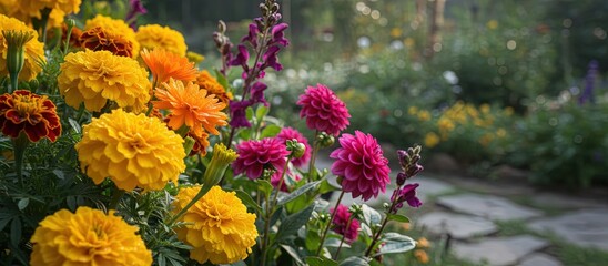 Obraz premium Colorful flower garden - blossoms in bloom with vibrant soft petals in bright bold colors - greenery and residential landscaping