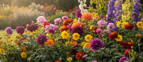 Colorful flower garden - blossoms in bloom with vibrant soft petals in bright bold colors - greenery and residential landscaping