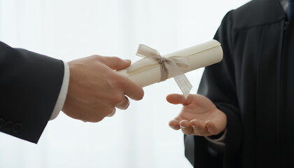 Receiving Diploma Certificate: Graduate Accepting Rolled Paper Scroll Tied with Ribbon During Official University Graduation Ceremony.