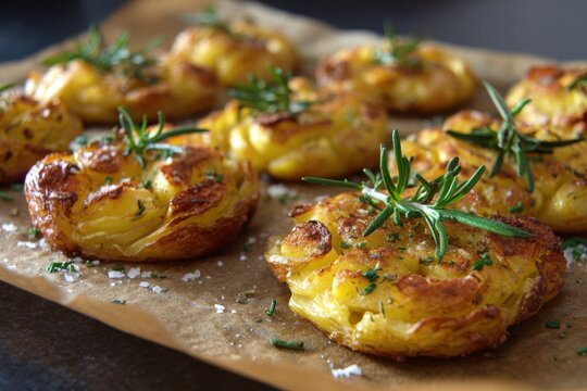 Crispy Ofenkartoffeln: A Flavorful Side Dish of Smashed Potatoes with Rosemary and Chives, Perfectly Baked on a Sheet